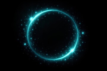 Obraz premium Luminous teal circular frame with sparkling light effects and ethereal glow against dramatic black background