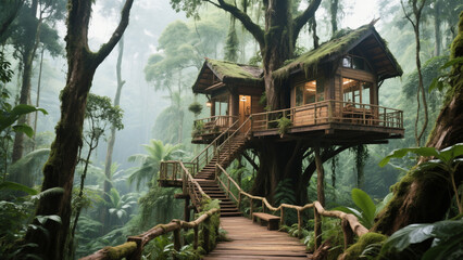 Treehouse nestled in a lush green forest, accessible by a wooden walkway, creating a tranquil and secluded retreat.