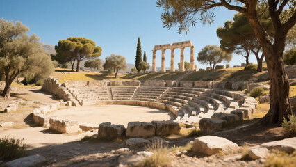 Ancient Greek theater ruins, surrounded by olive trees and hills, under a bright sun.