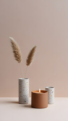 Minimalist Still Life Composition with Pampas Grass Candle and Vases