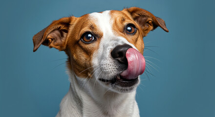 Portrait of dog licking its nose on blue background