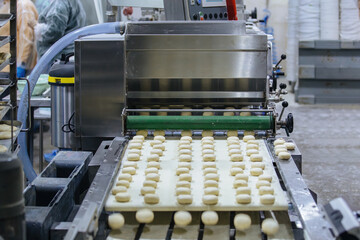 Modern bakery production line. Raw loafs on conveyor belt
