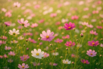 Obraz premium Vibrant wildflower meadow with colorful cosmos blooms dancing in golden sunlight