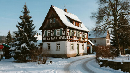 Snow-covered half-timbered house on a quiet, snowy street.