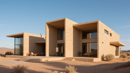 Modern desert house with geometric design and large windows in a sandy landscape under a clear blue sky.