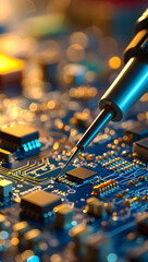 Detailed View of Electronic Circuit Board Component Repair Under Magnification