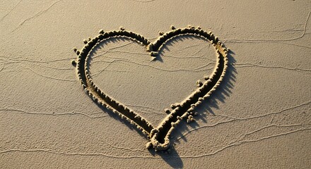 A heart drawn in the sand on a sunny beach. 