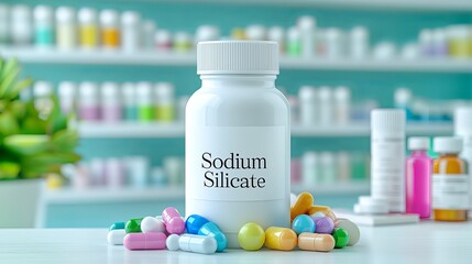 A white pill bottle labeled 'Sodium Silicate' surrounded by colorful capsules on a pharmacy counter.