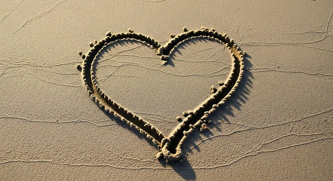 A heart drawn in the sand on a sunny beach. 