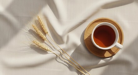 Warm Tea Serenity: A cup of tea rests serenely on a wooden coaster. Beside it, wheat embodies nature. Natural light casts soft shadows. This image evokes tranquility and relaxation.