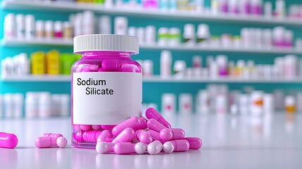A clear jar filled with pink sodium silicate capsules, with scattered capsules in the foreground, set against a colorful pharmacy backdrop.