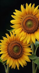 Radiant Sunflower Duo: Two vibrant sunflowers bloom, their faces turned towards the sun. These golden flowers exude warmth and a cheerful ambiance, a picturesque embodiment of nature's art.