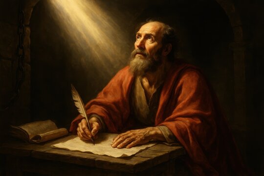 Religious artwork depicting Saint Paul writing epistles in prison with divine light and spiritual symbolism