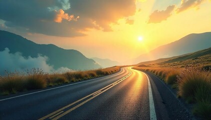 Misty Mountain Road A Journey into the Unknown, Sun-Dappled Horizon, Exploration, Self-Discovery, Success, Landscape Photography