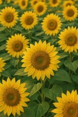Obraz premium Vibrant sunflower field with bright yellow blooms in full bloom