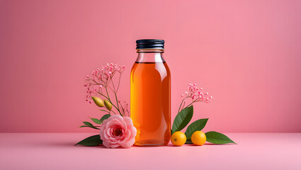 Amber Elixir Bottle Adorned with Delicate Pink Flowers and Citrus Fruits