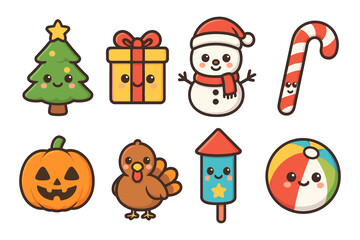 Cute holiday vector illustration: christmas, thanksgiving, halloween flat icons for cards
