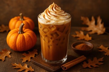 Autumn Spice Coffee Culture: Premium pumpkin spice cold brew coffee with seasonal flavoring showcasing artisanal coffee culture and autumn beverage trends