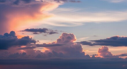 Sunset Cloudscape: Dramatic sunset hues paint the sky with vibrant colors, as fluffy cumulus clouds drift across a canvas of twilight.