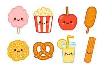 Cute kawaii food vector illustration for children's design: flat style snack characters for card or poster