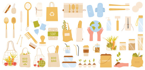 Zero waste set vector illustration. Cartoon paper food bags, reusable wooden and glass storage containers and bottles to reduce consumption, organic products isolated on white. eco friendly concept