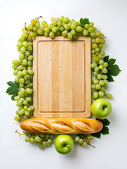 Fresh Grapes Apples Bread On Cutting Board For Healthy Food Background