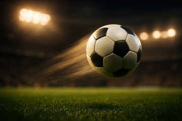 Fototapeta premium Dynamic soccer ball captured mid-air with dramatic lighting and motion blur on professional stadium grass field