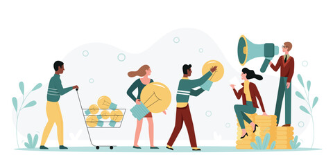 HR team hiring new recruits with creative ideas. Tiny boss holding loudspeaker for interview announcement, people with light bulbs in queue flat vector illustration. Employment, head hunting concept