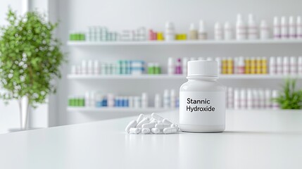 Close-up of a white bottle labeled 'Stannic Hydroxide' with scattered capsules, set against a bright pharmacy background.