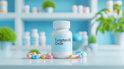 A vibrant display featuring a bottle of Tungsten(VI) Oxide, surrounded by colorful capsules on a bright, serene background.