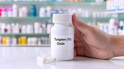 A hand holds a white bottle labeled Tungsten (VI) Oxide, showcasing a clean, modern pharmacy setting.