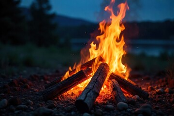 Intense Bonfire Flames at Twilight Glowing Embers, Rising Smoke, Wilderness Night
