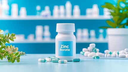 A bottle of Zinc Borate surrounded by capsules and a soothing turquoise backdrop, symbolizing wellness and health.