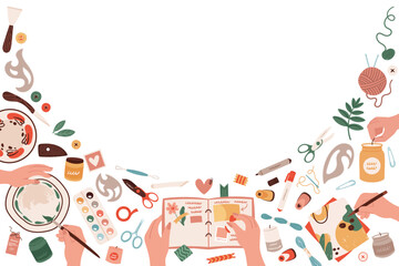 Creative art class and craft hobby workshop banner vector illustration. Cartoon hands painting with brush and pencil, holding scrapbook with diy tools and supplies poster background. craftwork concept