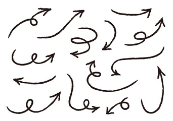 手描きの矢印のセット。グランジ、落書き、鉛筆風の矢印。ベクターアイコン。色んな種類のカーソル。