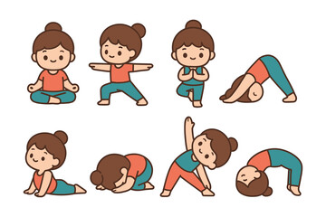 Cute yoga poses vector illustration: meditation and exercise design for kids in flat style