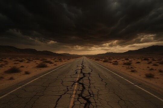Post-apocalyptic cracked highway stretching through abandoned desert landscape with dramatic storm clouds overhead - Powered by Adobe
