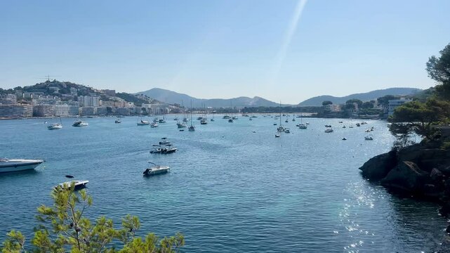 Palma de Majorca, Spain- July 5, 2025: Santa Ponsa tourist resort. View of hotels along coastline. Beautiful seascape bay with luxury yachts at the coast, Mediterranean Sea, Balearic Islands. Majorca 