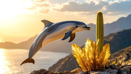 Dolphin Leaping Over Desert Cliff with Cactus at Sunset