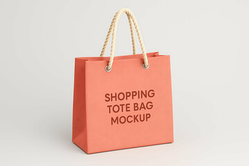 A coral-colored shopping tote bag with rope handles, displayed on a plain background, featuring "SHOPPING TOTE BAG MOCKUP" text in the center.