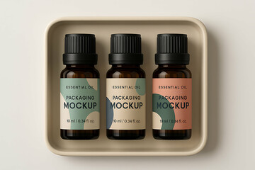 Three essential oil bottles with modern packaging designs sit neatly in a beige tray, showcasing a clean and minimalistic product mockup.