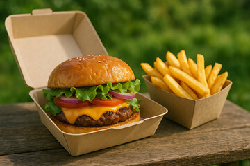 A juicy cheeseburger with lettuce, tomato, and onion in a takeout box, served alongside crispy golden French fries in an eco-friendly container outdoors.