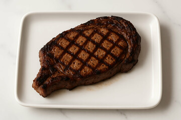 Juicy grilled steak with clear char marks served on a white rectangular plate, showcasing a perfectly cooked medium-rare ribeye or sirloin cut.