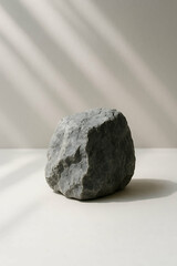 A single gray stone sits on a smooth surface with soft, diagonal light casting shadows in the background.