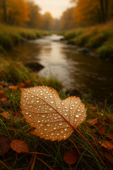 A close-up of a dewy autumn leaf on grass beside a gently flowing river with blurred fall foliage in the background.