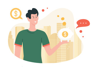 Money investment, debt and personal bank account. Cartoon happy rich man holding pig moneybox in hand to save and invest in future flat vector illustration. Remuneration, budget, success concept