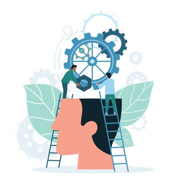 Brainstorm, project developement and skills growth in workers brain. Cartoon tiny people work with gears and connect cogwheels in abstract human head flat vector illustration. Expertise concept