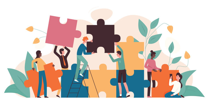 Community of business people building teamwork and cooperation. Cartoon corporate tiny characters connect and match puzzle parts together, make achievement flat vector illustration. Challenge concept