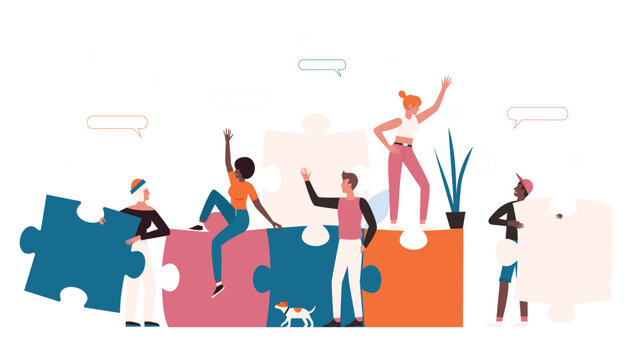 Team of business people building puzzle together. Cartoon partners characters with missing pieces of jigsaw help to build cooperation flat vector illustration. Teamwork, strategy, achievement concept