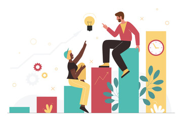 Share ideas and help from leader to manager, brainstorm to solve business problems. Cartoon team of employees and bright light bulb flat vector illustration. Productivity, strategy, teamwork concept